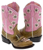 Kids Pink & Light Brown Western Cowboy Boots Floral Leather - Snip Toe