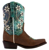 Kids Western Boots Flower Embroidered Leather Teal Brown Snip Toe Botas