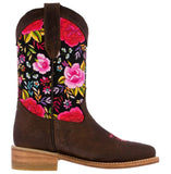 Kids Brown Western Cowboy Boots Flower Design Leather Square Toe