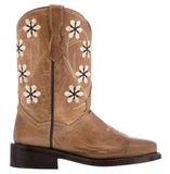Kids FLWR Almond Western Cowboy Boots Floral Leather - Square Toe