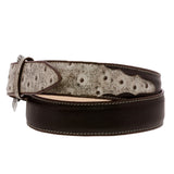 Dark Brown Western Cowboy Belt Ostrich Print Leather - Silver Buckle