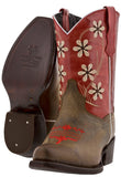 Kids Red & Brown Western Cowboy Boots Floral Leather - Snip Toe