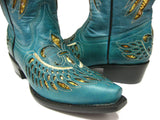 Womens Turquoise Cowboy Boots Fleur-De-Lis & Wings Gold Sequins - Snip Toe