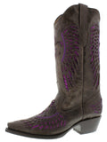 Womens Brown Cowboy Boots Fleur-De-Lis & Wings Purple Sequins - Snip Toe