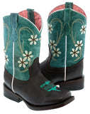Kids Teal & Dark Brown Western Cowboy Boots Floral Leather - Square Toe