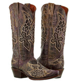 Womens Alas Purple Cross & Wings Western Cowboy Boots - Snip Toe