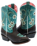 Kids Teal & Dark Brown Western Cowboy Boots Floral Leather - Snip Toe
