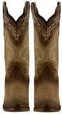 Women's Light Brown Cowboy Boots Real Leather Round Toe Floral Overlay