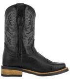 Kids Unisex Grain Leather Western Wear Rodeo Boots Black Square Toe Botas