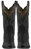 Women's Black Cowboy Boots Real Leather Round Toe Floral Overlay