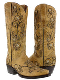 Womens Mesina Sand Leather Cowboy Boots Floral - Snip Toe