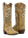 Womens Noruega Sand Leather Cowboy Boots Floral - Snip Toe