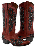 Womens Angels Red Leather Cowboy Boots Studded Snip Toe
