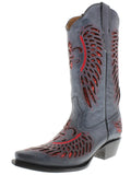 Womens Denim Blue Boots Fleur-De-Lis & Wings Red Sequins - Snip Toe
