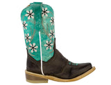 Kids Teal & Light Brown Western Cowboy Boots Floral Leather - Snip Toe