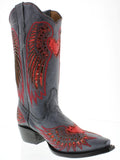 Womens Denim Blue Cowboy Boots Red Heart & Wings Sequins - Snip Toe