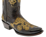 Womens Roma Dark Brown Cowgirl Boots Floral Embroidered - Snip Toe