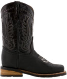 Kids Black Genuine Leather Western Cowboy Boots - Square Toe