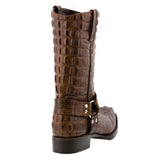 Mens Brown Motorcycle Boots Crocodile Tail Print Leather - Square Toe