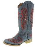 Womens Denim Blue Cowboy Boots Fleur-De-Lis & Wings Red Sequins - Square Toe
