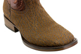 Mens Cognac Leather Cowboy Boots Buffalo Bull Skin Square Toe