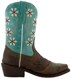 Girls Turquoise & Brown Leather Floral Embroidered Cowgirl Boots - Snip Toe