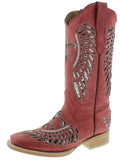 Womens Red Cowboy Boots Fleur-De-Lis & Wings Silver Sequins - Square Toe