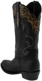 Women's Black Cowboy Boots Real Leather Round Toe Floral Overlay