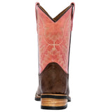 Kids Pink Western Cowboy Boots Stitched Leather Square Toe
