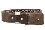 Brown Western Cowboy Leather Belt Floral Overlay - Rodeo Buckle