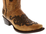 Womens Light Brown Overlay Western Cowgirl Leather Boots Two Tone Snip Toe