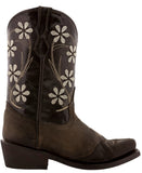 Girls Dark Brown Leather Floral Embroidered Cowgirl Boots - Snip Toe