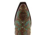 Womens Malaga Brown Leather Cowboy Boots Embroidered - Snip Toe