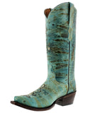 Womens Mesina Turquoise Leather Cowboy Boots Floral - Snip Toe