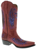 Womens Red Cowboy Boots Blue Cross & Wings Sequins - Snip Toe