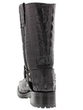 Mens Black Motorcycle Boots Crocodile Tail Print - Square Toe