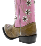 Kids Pink & Light Brown Western Cowboy Boots Floral Leather - Snip Toe