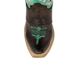 Kids Teal & Light Brown Western Cowboy Boots Floral Leather - Snip Toe