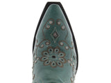 Womens 720 Turquoise Leather Cowboy Boots Rhinestones - Snip Toe