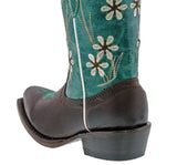 Kids Teal & Dark Brown Western Cowboy Boots Floral Leather - Snip Toe