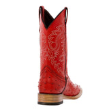 Mens Red Ostrich Quill Print Leather Cowboy Boots Square Toe