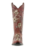 Womens Noruega Red Leather Cowboy Boots Floral - Snip Toe