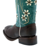 Kids Teal & Dark Brown Western Cowboy Boots Floral Leather - Square Toe