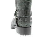 Mens Green Motorcycle Boots Crocodile Tail Print - Square Toe