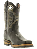 Kids Barcelona Black Solid Leather Western Cowboy Boots - Square Toe