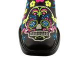 Women Catrina Black Sugar Skull Embroidered Leather Cowboy Boot - Square Toe