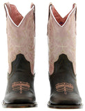 Girls Pink & Dark Brown Stitched Leather Cowgirl Boots - Square Toe