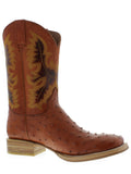 Men's Cognac Ostrich Western Cowboy Leather Boots Square Toe Tan Sole
