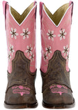 Girls Kids Pink 2 & Brown Floral Embroidered Cowgirl Boots Snip Toe