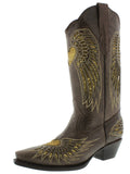 Womens Brown Cowboy Boots Gold Heart & Wings Sequins - Snip Toe